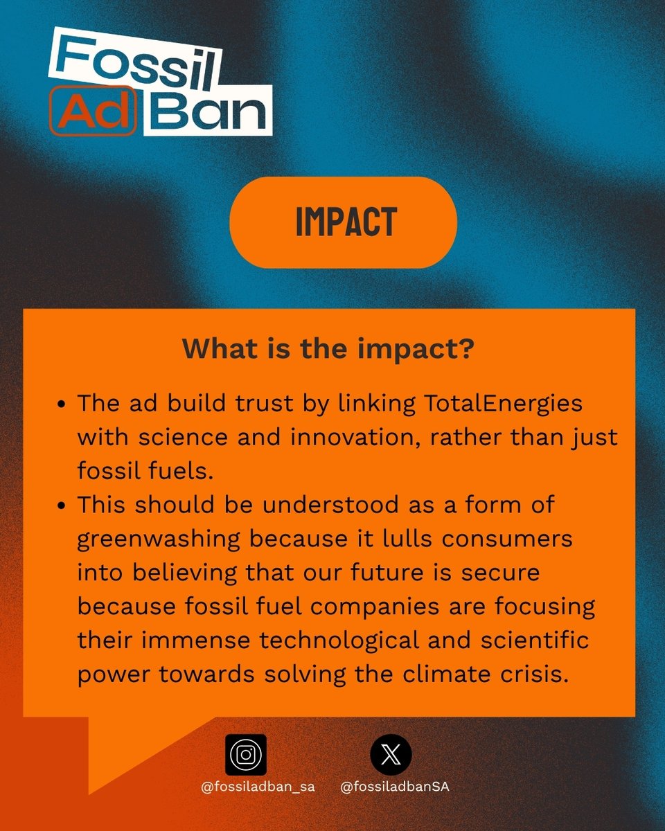 Fossil Ad Ban South Africa (@fossiladbansa) on Twitter photo Through this ad, <a href="/TotalEnergies/">TotalEnergies</a> claims to provide innovative solutions to the climate crisis.But what it omits is that <a href="/TotalEnergies/">TotalEnergies</a> is the world's 19th biggest greenhouse gas emitter.
Sign the pledge to ban fossil fuel ads: tinyurl.com/uzcn9vdf
#Fossiladbansa Through this ad, <a href="/TotalEnergies/">TotalEnergies</a> claims to provide innovative solutions to the climate crisis.But what it omits is that <a href="/TotalEnergies/">TotalEnergies</a> is the world's 19th biggest greenhouse gas emitter.
Sign the pledge to ban fossil fuel ads: tinyurl.com/uzcn9vdf
#Fossiladbansa