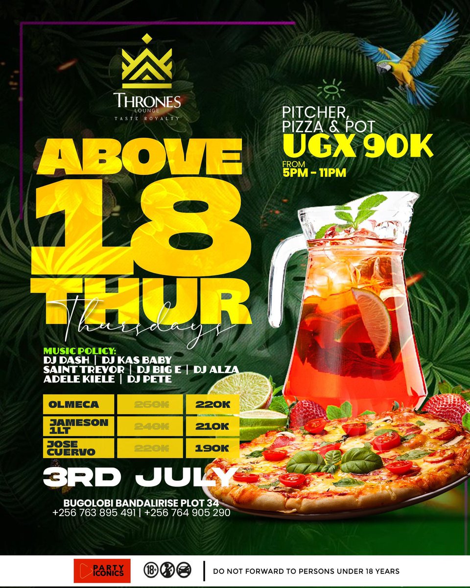 It’s Above 18 Thursdays at <a href="/throneskampala/">throneskampala</a> tonight with <a href="/saint_trevor_/">ariho_collins_trevor</a> &amp; <a href="/ItsAdele22/">Adele_kiele🇹🇿🇺🇬</a> hyping the crowd, while <a href="/djKasBaby/">Kas 😎</a>, <a href="/deejay_alza/">DJ Alza</a>, <a href="/DJ_DashUG/">DJ Dash</a>, <a href="/Deejaybige1/">Deejay Big E</a>, and <a href="/kagzpete/">deejaypete</a> spin the decks.