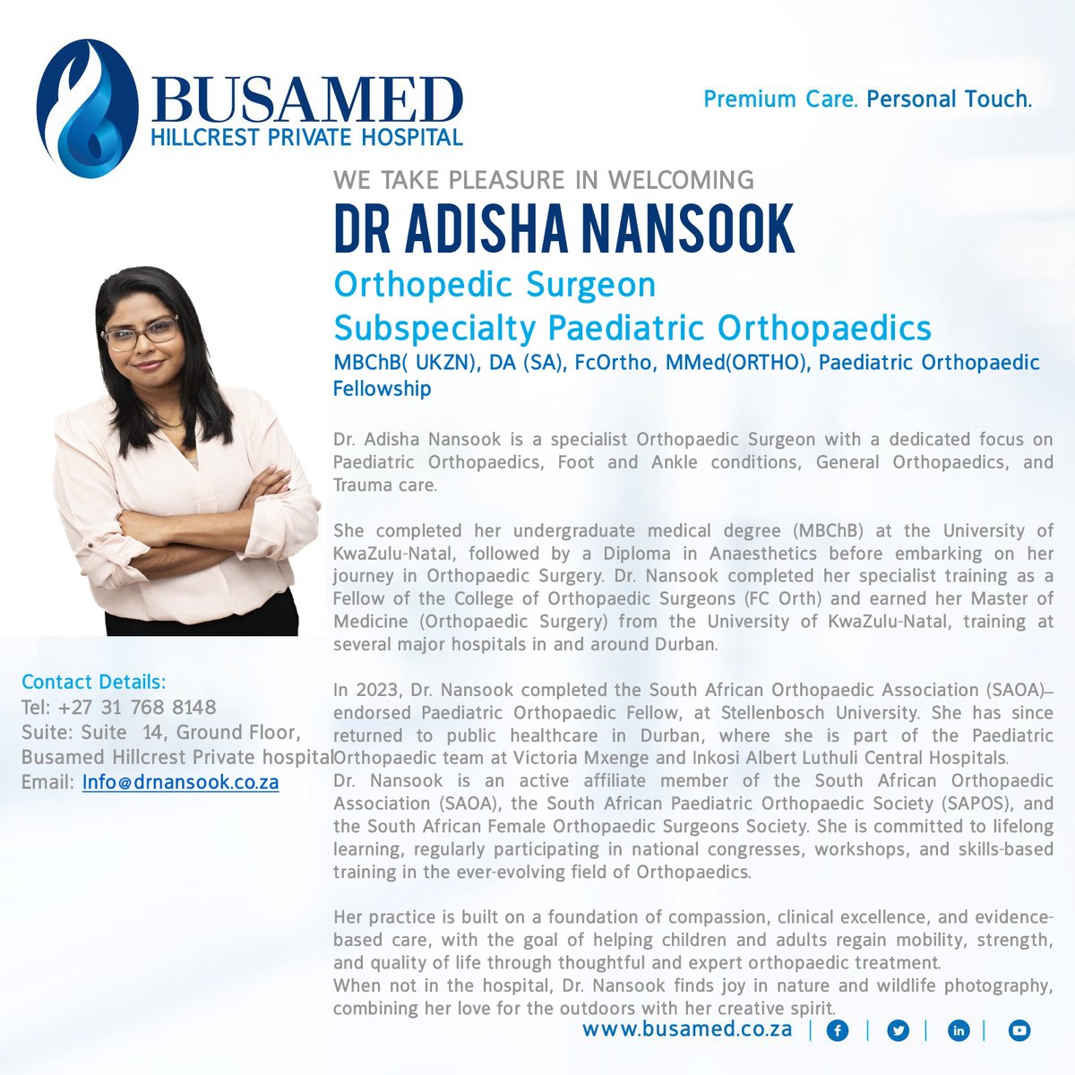 Meet Dr Adisha Nansook, our newest Orthopaedic Surgeon with a special focus on Paediatric Orthopaedics. From trauma care to complex foot &amp; ankle conditions, Dr Nansook combines precision, compassion, and years of specialist training to restore mobility and improve lives. #Busamed