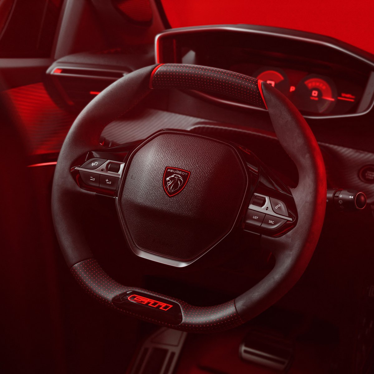 Peugeot's tweet photo. Bold Inside and out. From its sharp rims to the Alcantara on the seats and the steering wheel, the #NewPeugeotE208GTi doesn’t compromise on style or performance. #Peugeot #PeugeotGTi #E208GTi #ANewLegendIsBorn https://t.co/ISPwoRZyIg