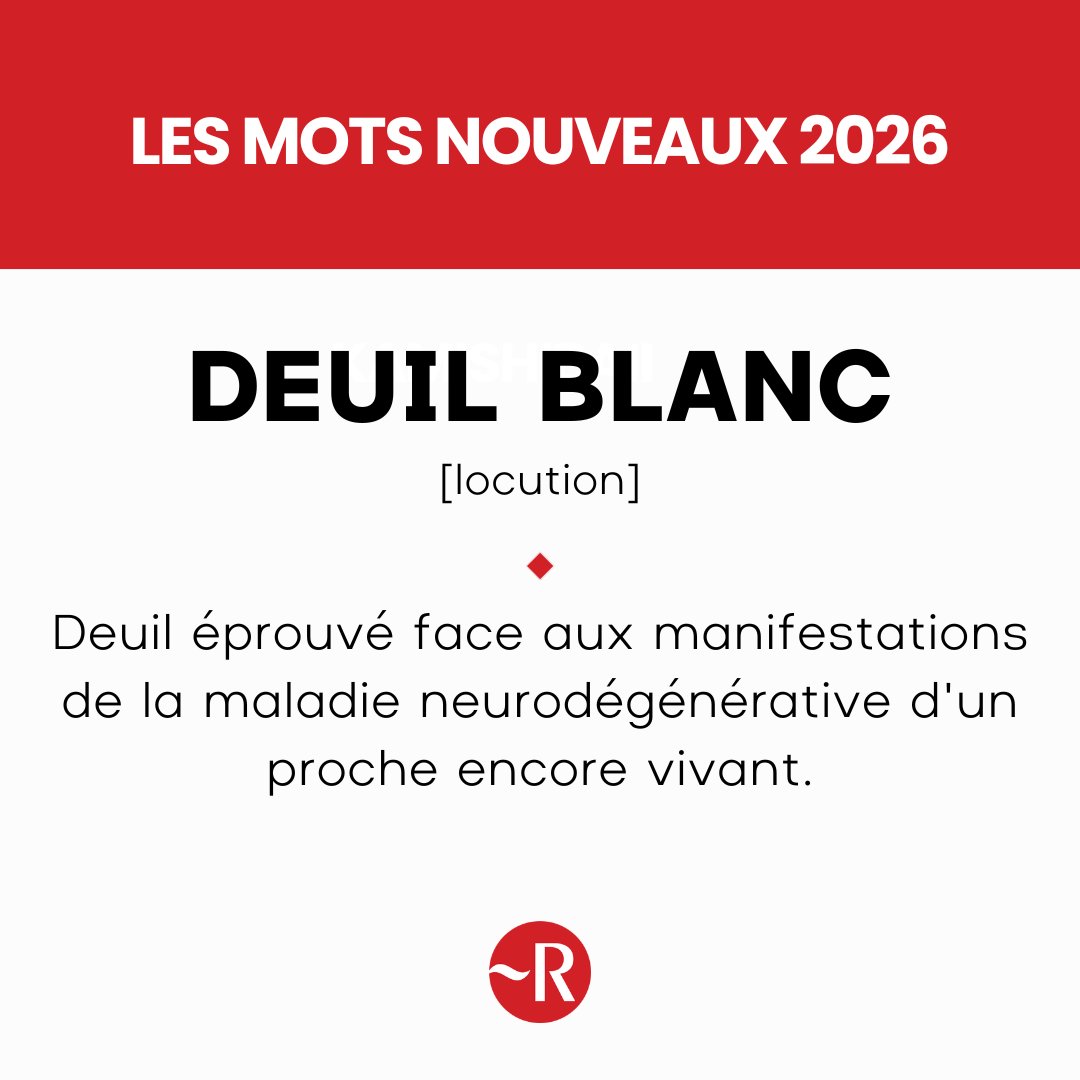 LeRobert_com's tweet image. Le terme deuil blanc entre dans le Petit Robert 2026 ! #PetitRobert #MotsNouveaux
🔎 Définition : Deuil éprouvé face aux manifestations de la maladie neurodégénérative d'un proche encore vivant.