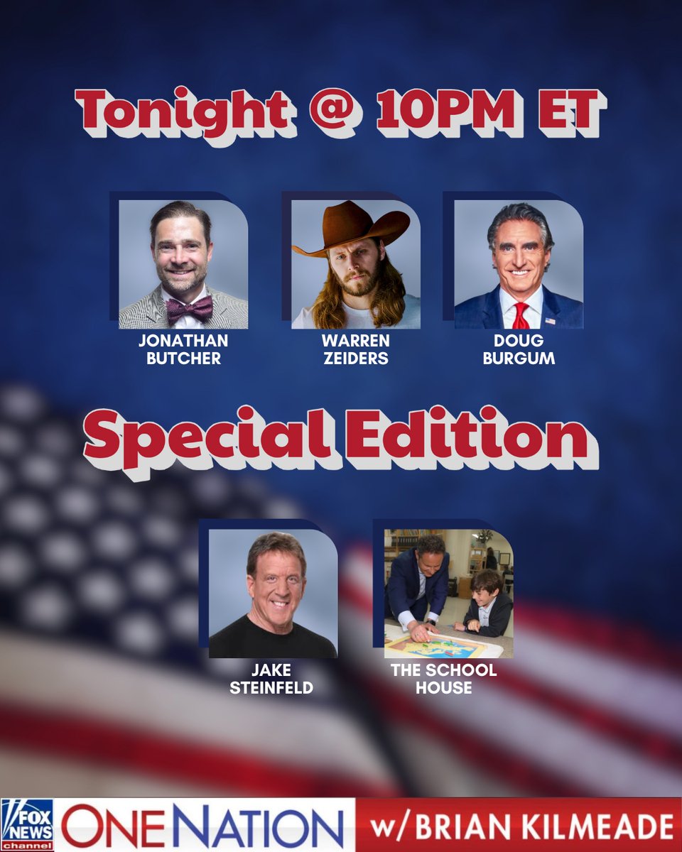 OneNationFNC's tweet image. TONIGHT'S LINEUP:
#onenationfnc #briankilmeade #foxnews @kilmeade @JM_Butcher @WarrenZeiders @DougBurgum