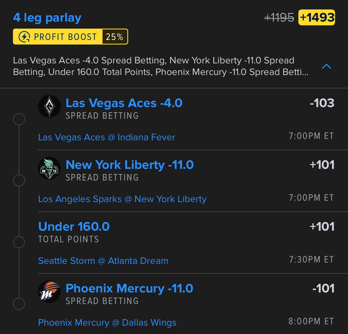 BettingGuruX's tweet photo. WNBA Profit Boost Play

#bettingtwitter #BettingX https://t.co/4jiyVoxB8D