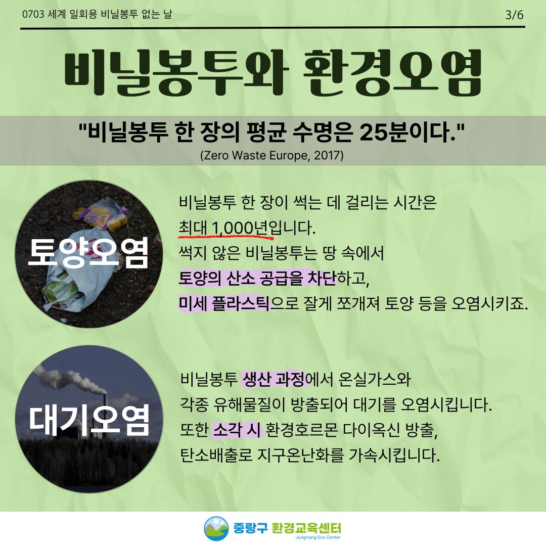 JungNang_Gu's tweet image. [🙋 매년 7월 3일은
&apos;세계 일회용 비닐봉투 없는 날&apos;]

📌 매년 7월 3일 세계 일회용 비닐봉투 없는 날은
2006년 스페인 환경단체 리제로의
캠페인에서 시작해 국제 환경단체들이
동참하며 세계 환경 기념일로 지정되었습니다.

#중랑구 #중랑구환경교육센터
#세계환경기념일_카드뉴스