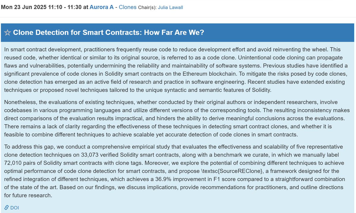 Excited to present our work "Clone Detection for Smart Contracts: How Far Are We?" at <a href="/FSEconf/">FSE 2025</a>. Huge thanks to my amazing co-authors Zuobin, Yujing, Yun <a href="/YunZhang2024/">Yun Zhang</a>, David <a href="/davidlo2015/">David Lo</a>, Difan, and Xiaohu for the fantastic collaboration. Preprint: zhiyuan-wan.github.io/assets/publica…