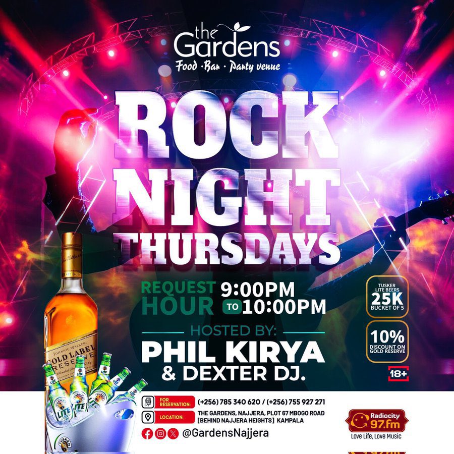 Mushrm (@mushroominc) on Twitter photo Kick off your Thursday with a blast at <a href="/GardensNajjera/">The Gardens - Najjera</a>’s legendary Rock Night, Kampala’s top rock destination! <a href="/PhilKirya/">Phil Kirya</a> and <a href="/dexterdj__Ug/">🅼🅰🅸🅽🅴🆂🆃☆</a> will deliver a fiery mix of hard, soft, and heavy rock anthems. Submit your song requests from 9 PM to 10 PM and keep rocking! Kick off your Thursday with a blast at <a href="/GardensNajjera/">The Gardens - Najjera</a>’s legendary Rock Night, Kampala’s top rock destination! <a href="/PhilKirya/">Phil Kirya</a> and <a href="/dexterdj__Ug/">🅼🅰🅸🅽🅴🆂🆃☆</a> will deliver a fiery mix of hard, soft, and heavy rock anthems. Submit your song requests from 9 PM to 10 PM and keep rocking!
