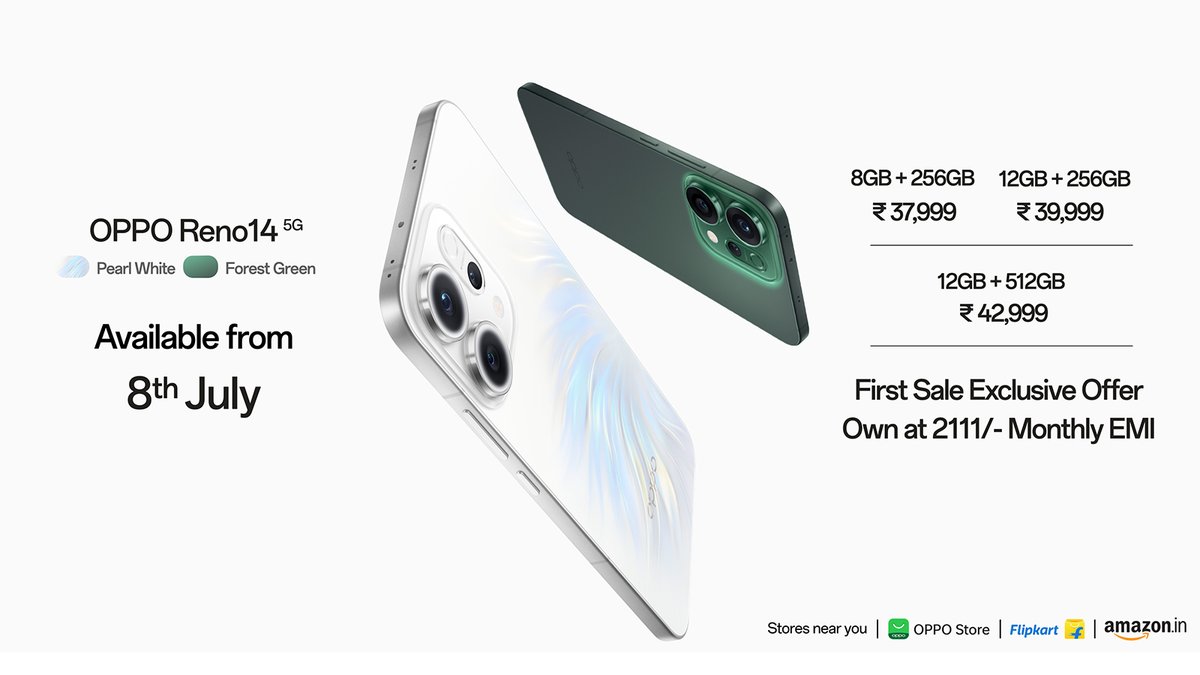 OPPOIndia's tweet photo. And the OPPO Reno14 5G comes at:
📱 ₹37,999 (8+256GB)
📱 ₹39,999 (12+256GB)
📱 ₹42,999 (12+512GB)
Colours: Forest Green, Pearl White
#OPPOReno14Series #AIPortraitCamera https://t.co/ucHQOVGCUJ