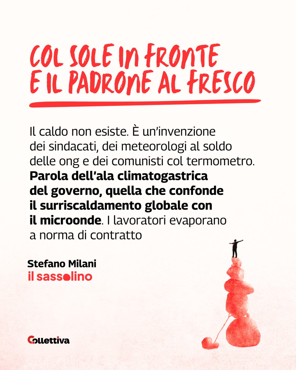 “Chi lavora all’aperto ha due scelte: cuocersi o tacere. Lamentarsi è ormai un lusso borghese. Chi osa protestare viene accusato di allarmismo climatico, terrorismo termico, frignismo ideologico. Nei campi si miete il grano e l’ictus, a rotazione. Nei cantieri il casco serve a