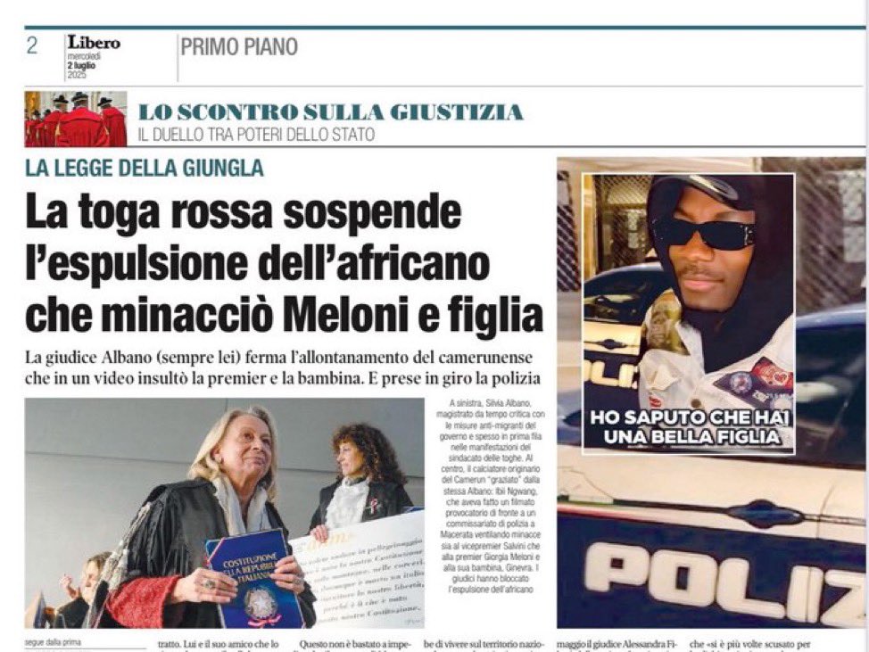 Italia 2025, da straniero minacci il Presidente del Consiglio e sua figlia minorenne, vieni espulso. 

Poi accade questo.