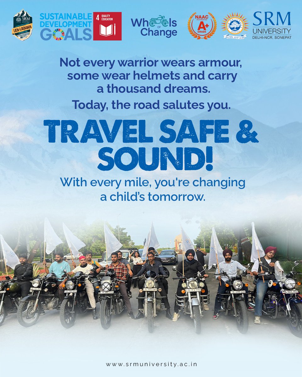 SRMH_University's tweet image. Wishing a safe &amp;amp; soulful ride to the incredible bikers journeying from India Gate to Nubra, Ladakh.

You’re not just riding—you’re inspiring.
Bringing books, toys &amp;amp; hope to Anganwadi kids.
Throttle open. Hearts full.
#WheelsOfChange #RideForACause #SRMUHWheelsofChange
