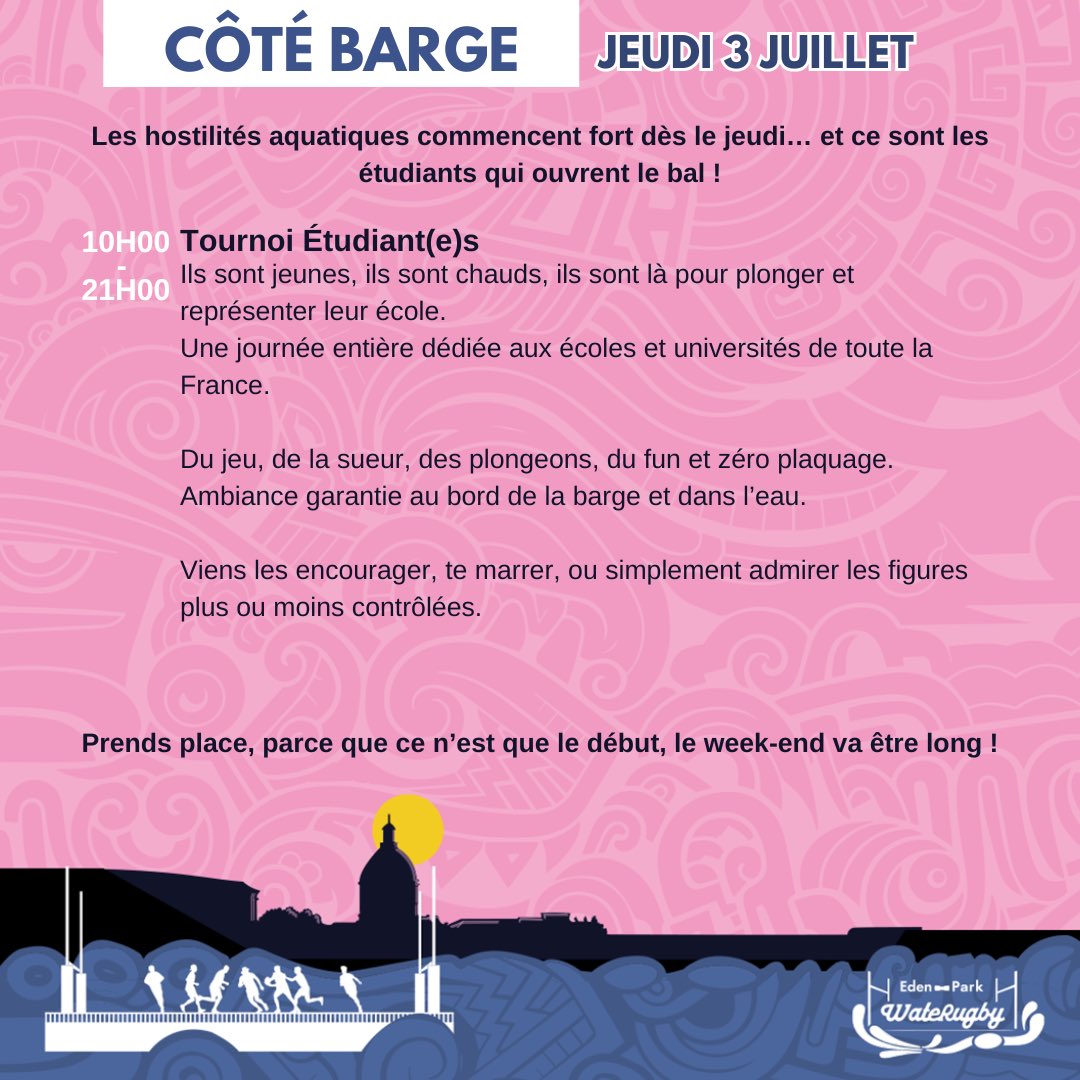 📣 Le programme du jour est là 🌊

Préparez-vous pour une journée de folie à l’Eden Park Waterugby 🏉💦🎀

Rdv pour les matchs des étudiants les plus chauds de ta région, des animations, des food-trucks et deux grandes buvettes pleines à craquer qui demandent qu’à être vidées !