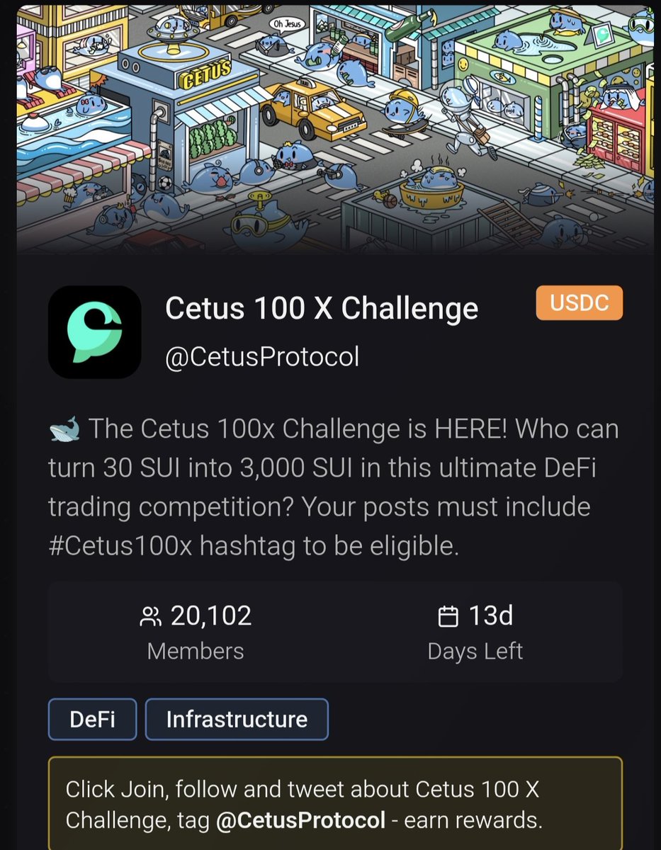 Turning 30 SUI into a 100x gain? Pfft, sounds like a walk in the park... 😎📡 If you haven’t jumped into the #Cetus100x challenge, are you even doing DeFi? Plus, <a href="/CetusProtocol/">Cetus🐳</a> ’s loyalty program and <a href="/GiveRep/">GiveRep</a> ’s backing make it next-level. 🐳It’s a mix of competition, rewards,
