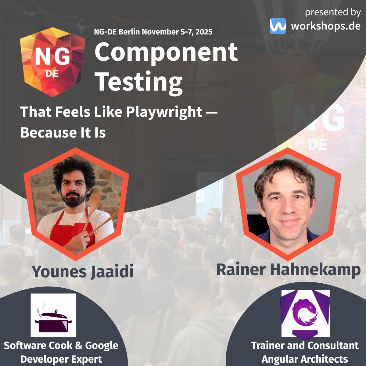NG-DE Conference (@ngdeconf) on Twitter photo π€ Speaker Spotlight #4: Younes Jaaidi & Rainer Hahnekamp
Playwright-style testing β but for Angular components?
Younes & Rainer show how their open-source lib brings fast, focused, 
visual tests to your UI. π§ͺβ‘ 
ng-de.org/#speakers π€ Speaker Spotlight #4: Younes Jaaidi & Rainer Hahnekamp
Playwright-style testing β but for Angular components?
Younes & Rainer show how their open-source lib brings fast, focused, 
visual tests to your UI. π§ͺβ‘ 
ng-de.org/#speakers