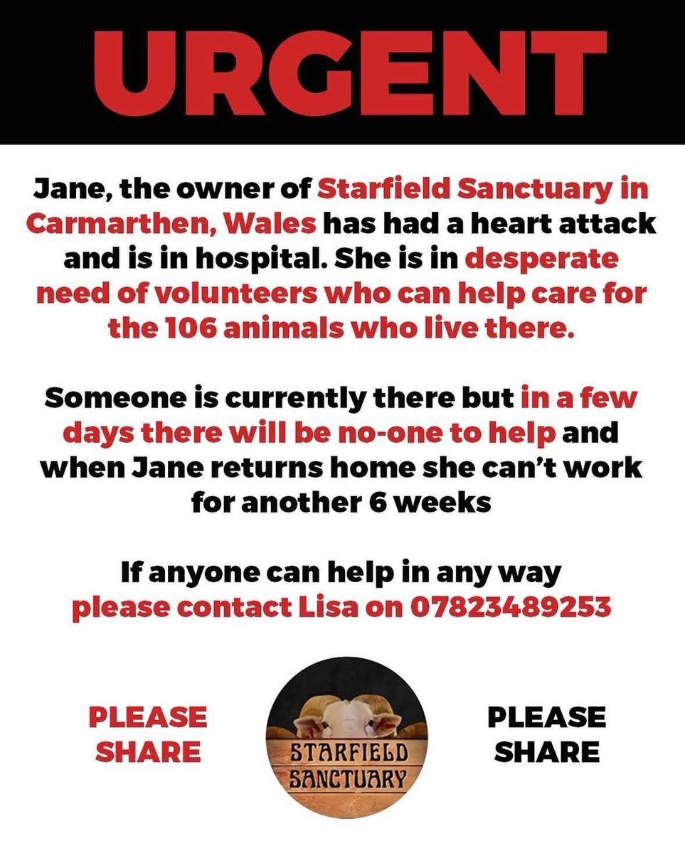 A Sanctuary owner in Carmarthen Wales is in desperate need of help as she recovers from a heart attack. Please share 🙏

If anyone could help by donating for food too it would be a great help. 

paypal.me/starfieldsanct…