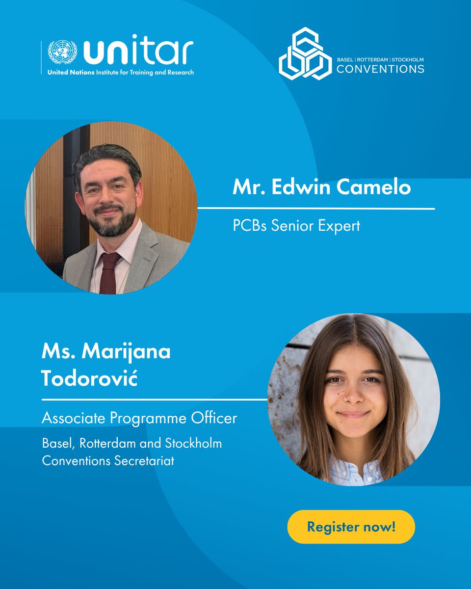 UNITAR's tweet image. 🌍 Join our Regional Webinar: Making Visible the Legacy of PCBs

📅 8 July | ⏰ 11:00 AM (GMT-3)

🌐 Online | EN/ES interpretation

Experts: A. Harte, M. Mendoza, E. Camelo &amp;amp; M. Todorovic

🔗 To register: f.mtr.cool/cjltefrnhh

#PCBs #UNITAR
