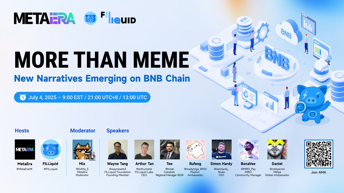 MetaEraHK's tweet photo. 🚨 AMA Alert 🚨
🔥 More Than Meme: New Narratives Emerging on BNB Chain
⏰ Time & Date: July 4, 13:00 UTC/ 21:00 UTC+8
🔗 Link: https://t.co/vT457gu5pf
✨ Hosts: @MetaEraHK , @FILLiquid
🎙️ Moderator & Speakers: @0xMia_S, @wayneweb3, @arthurtankl, @tmiah, @readytogo_8900, @iamhardy_, @MIRO_Pay, @metyacom
📅 Set the reminder to learn more about:
- What makes #BNB Chain attractive for builders in 2025? Is it just about liquidity and users, or are there deeper infrastructure advantages?
- Beyond meme coins, which sectors—#DeFi, #RWA, #staking, #AI, #GameFi—are showing real traction on BNB Chain?
- What challenges do projects face when scaling on BNB Chain, and how can they be solved?
- How does BNB Chain stack up against other Layer 1s in terms of scalability, developer tools, and ecosystem incentives?
- Is BNB Chain ready to support the next generation of utility-driven Web3 projects?