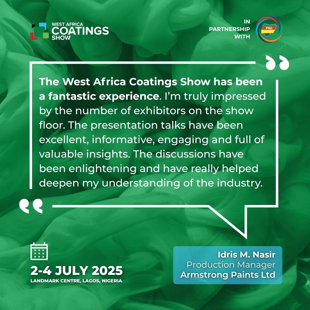 Hear what visitors are saying about the West Africa Coatings Show! 📢

Don't miss out on day 2. Show opens at 10 AM today!

👉 𝗥𝗲𝗴𝗶𝘀𝘁𝗲𝗿 𝗳𝗼𝗿 𝗳𝗿𝗲𝗲: westafricacoatingsshow.com/X-Register

📅 2-4 July 2025 |📍Landmark Centre (Halls 1 &amp; 3), Lagos

#Coatings #WACS