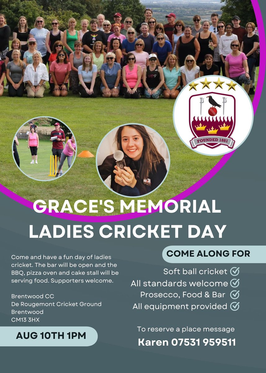 Sunday August 10th is the Grace Payne Memorial Day of women’s cricket, all standards welcome for what is a great fun day at the DRG.

For women interested in taking part please contact  Karen  Payne on 07531959511. Please come along, join in and have lots of fun!

#womenscricket