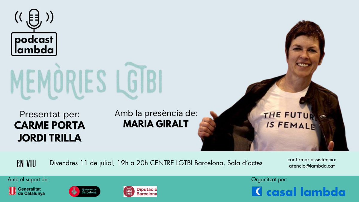 Casal Lambda (@casallambda) on Twitter photo Properament: episodi XIX del #PodcastLambda amb la presència de la Maria Giralt, activista feminista i LGTBI i directora del Pride. Entrevistada per <a href="/CarmePorta/">Carme Porta♀️||*|| 🇵🇸🇪🇭 🏳️🌈 ✊</a> i <a href="/Lotrilla10/">Jordi Trilla</a>
Divendres 11 de juliol a les 19 al Centre LGTBI de Barcelona
Amb intèrpret en LSC 👂 Properament: episodi XIX del #PodcastLambda amb la presència de la Maria Giralt, activista feminista i LGTBI i directora del Pride. Entrevistada per <a href="/CarmePorta/">Carme Porta♀️||*|| 🇵🇸🇪🇭 🏳️🌈 ✊</a> i <a href="/Lotrilla10/">Jordi Trilla</a>
Divendres 11 de juliol a les 19 al Centre LGTBI de Barcelona
Amb intèrpret en LSC 👂