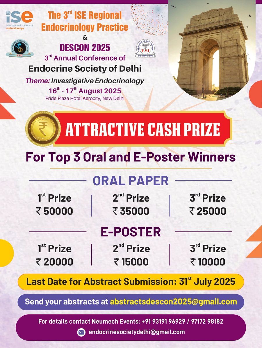 Endocrine Society of Delhi (@delhiendo) on Twitter photo Attractive cash prizes await! Don't miss the chance to present your work at an international platform, in front of stalwarts from the field of Endocrinology! Hurry and submit your abstract for #DESCON2025
<a href="/isendo/">ISE</a> <a href="/ESICON2025/">ESICON2025</a> <a href="/SanjayKalraDr1/">Dr Sanjay Kalra</a> <a href="/saptarshi5/">Saptarshi Bhattacharya</a> <a href="/deepduttaendo/">Dr. Deep Dutta</a> <a href="/IndiaESI/">Endocrine Society of India</a> Attractive cash prizes await! Don't miss the chance to present your work at an international platform, in front of stalwarts from the field of Endocrinology! Hurry and submit your abstract for #DESCON2025
<a href="/isendo/">ISE</a> <a href="/ESICON2025/">ESICON2025</a> <a href="/SanjayKalraDr1/">Dr Sanjay Kalra</a> <a href="/saptarshi5/">Saptarshi Bhattacharya</a> <a href="/deepduttaendo/">Dr. Deep Dutta</a> <a href="/IndiaESI/">Endocrine Society of India</a>