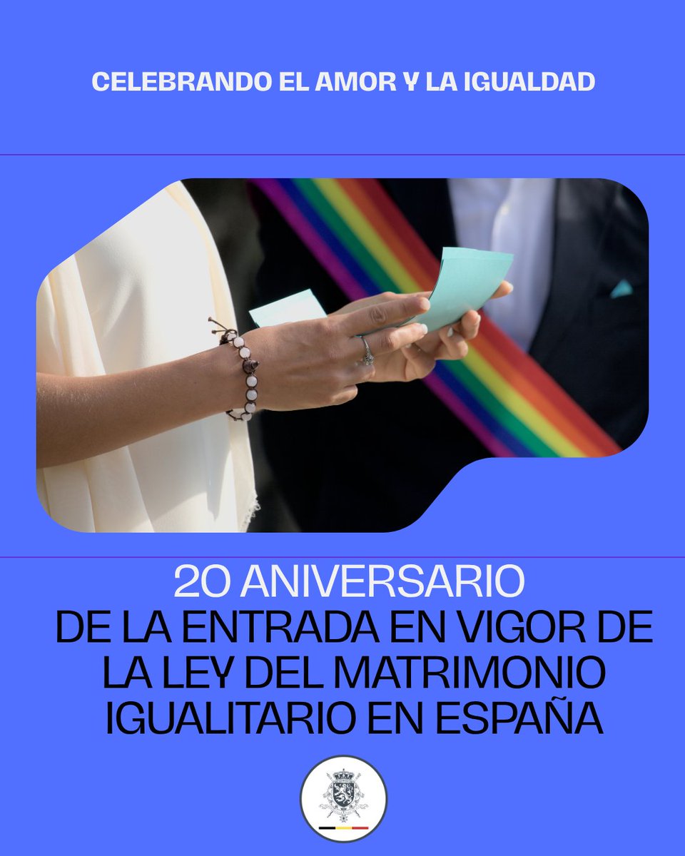 🎉🇪🇸 #España celebra hoy 20 años de matrimonio igualitario. 

#Bélgica que fue el 2 país tras 🇳🇱 en legalizar el matrimonio homosexual se une a esta celebración por la #igualdad de derechos.

🏳️‍🌈 #20AñosDeIgualdad #LoveIsLove #España #Bélgica