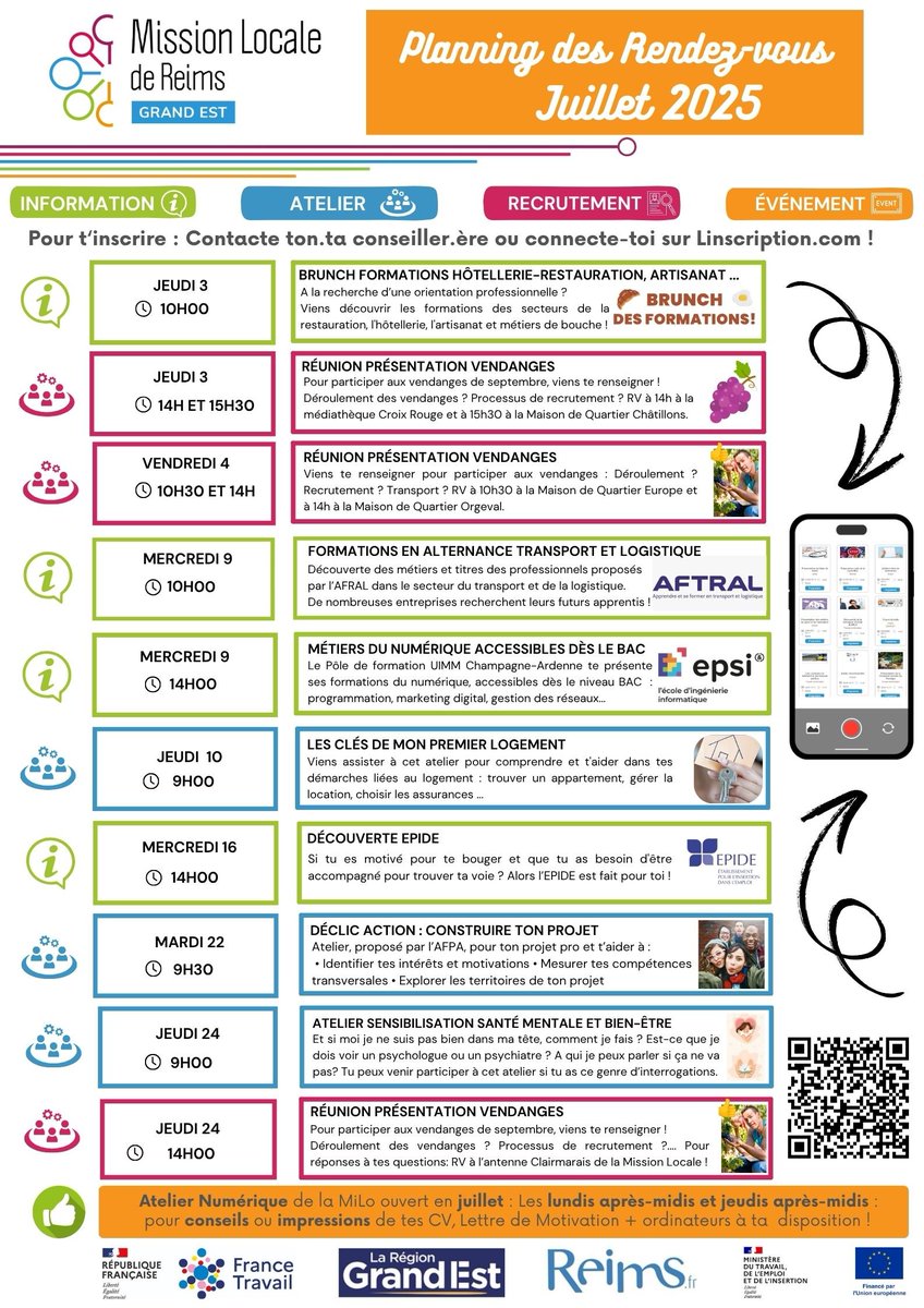 📢 Découvrez le planning des rendez-vous Milo de Juillet diffusé sur nos réseaux et affiché sur nos murs!
Une sélection de 10 actions #Emploi,  #Formation, #VieQuotienne pour les jeunes: Réunions d'info, ateliers, job datings ... avec notamment les réunions vendanges