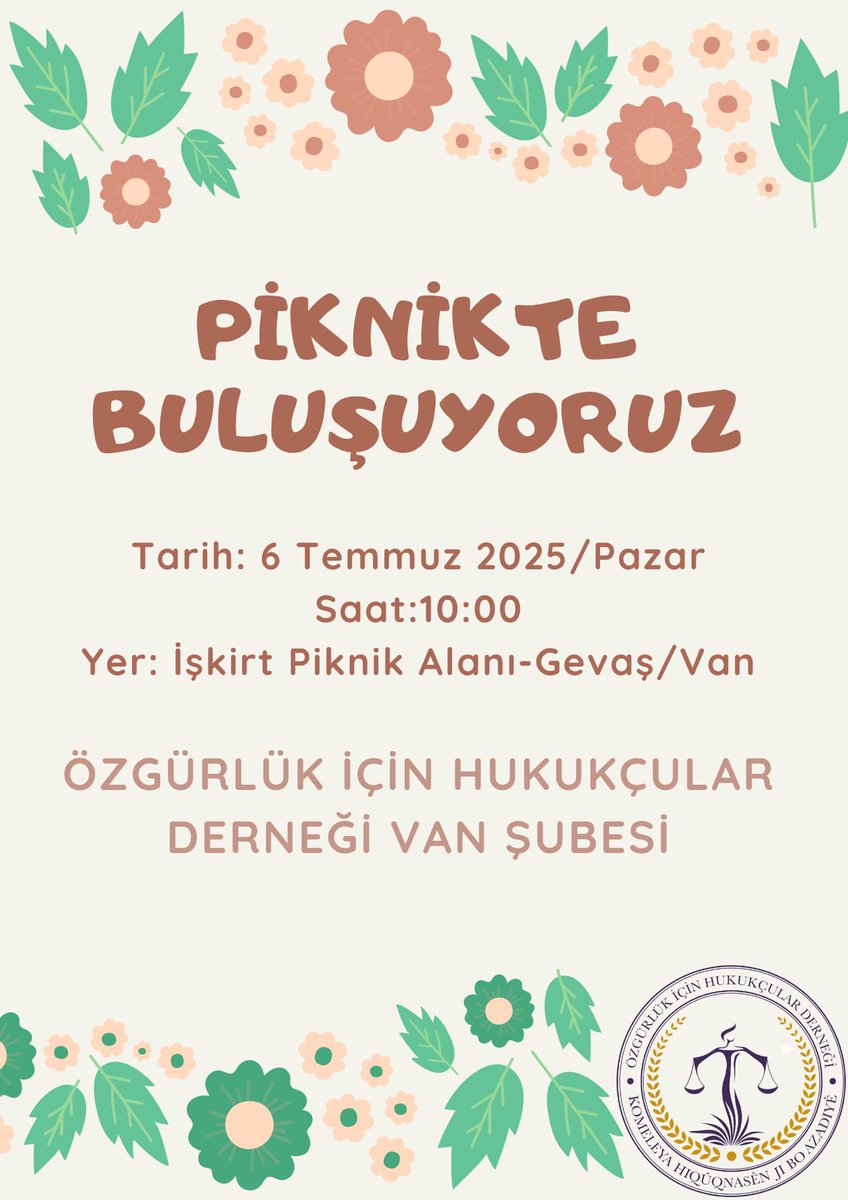 ÖHD Van Şubesi olarak düzenlediğimiz pikniğe tüm üye ve dostlarımızı bekliyoruz ✌🏻

📆 6 Temmuz 2025 / Pazar
⏰ 10:00
📍  İşkirt Piknik Alanı - Gevaş/Van