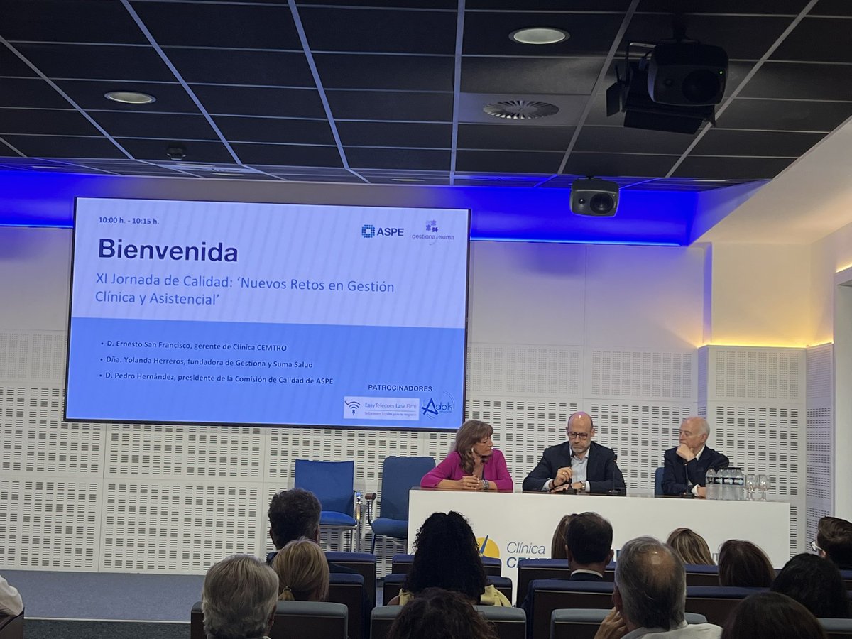 XI Jornada de Calidad: “Nuevos Retos en Gestión Clínica y Asistencial” en <a href="/ClinicaCEMTRO/">ClinicaCEMTRO</a> organizada por <a href="/ASPEsanidad/">ASPE</a> y #GestionaSumaSalud.

Cuenta con la presencia de Pedro Hernández, presidente de la Comisión de Calidad de ASPE y vicepresidente de la <a href="/UMHC1/">UMHC</a>
