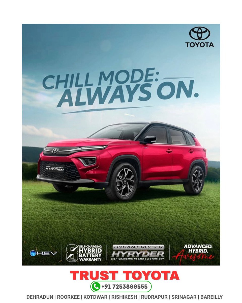 TrustToyota's tweet photo. Experience the perfect blend of style, power, and fuel efficiency with the Toyota Urban Cruiser Hyryder – India’s favorite self-charging hybrid SUV!
💯 No charging hassle|Advanced Hybrid Technology|Drive smart|Drive green.
📍Available at Trust Toyota📞 Call now: +91 7253888555 https://t.co/RXB37tEvlZ