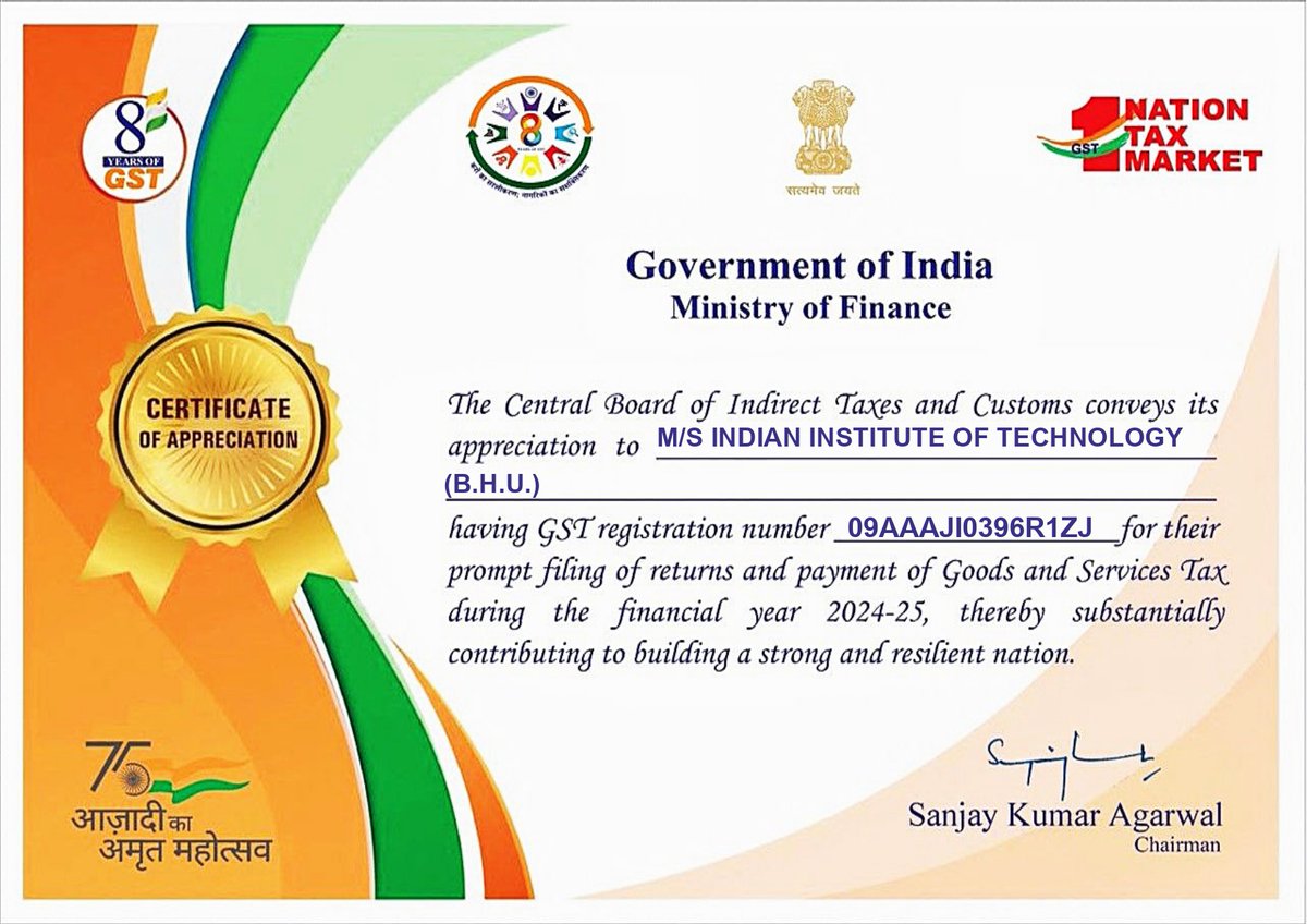 IIT (BHU), Varanasi (@iitbhu_varanasi) on Twitter photo IIT (BHU), Varanasi, has been recognized by the Central Board of Indirect Taxes and Customs (CBIC) for exemplary compliance in filing returns and paying GST for 2024–25.
This certificate of appreciation reflects our strong commitment to financial transparency and IIT (BHU), Varanasi, has been recognized by the Central Board of Indirect Taxes and Customs (CBIC) for exemplary compliance in filing returns and paying GST for 2024–25.
This certificate of appreciation reflects our strong commitment to financial transparency and