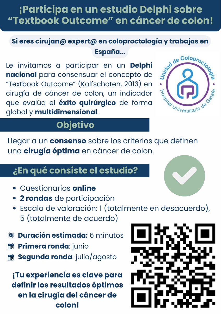 ✅Si eres cirujan@ expert@ en coloproctología y trabajas en España: 
✅¿Te animas a participar en este estudio Delphi sobre “Textbook Outcome” en cáncer de colon?✅
Os agradecemos difusión de la encuesta entre vuestros grupos y RT