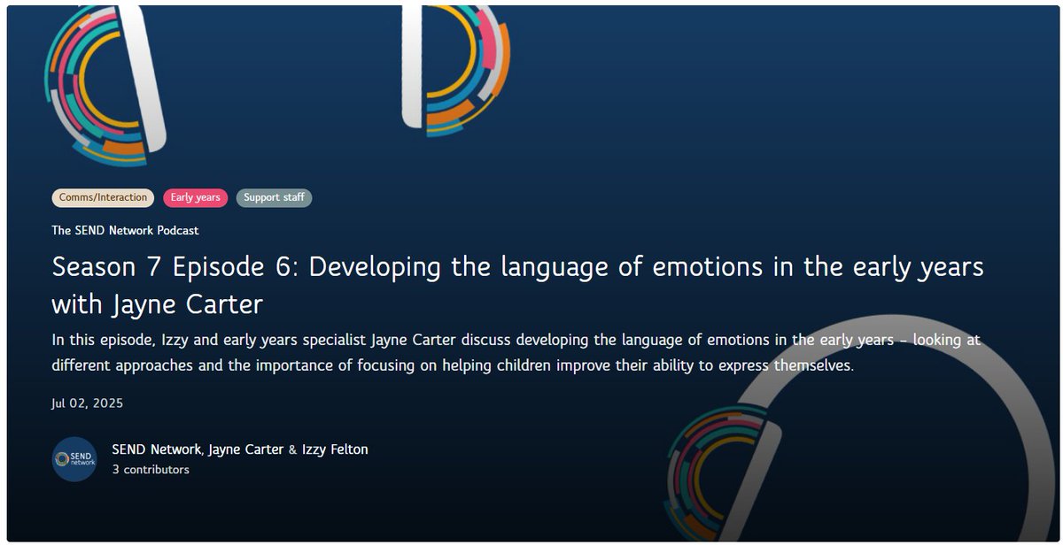 LEARN SEND Hub (@learnsendhub) on Twitter photo 🎧 New episode from The <a href="/SEND_Network/">SEND_Network</a> Podcast!
Developing the Language of Emotions in the Early Years with Jayne Carter 💬👧👦 Jayne shares powerful insights on helping young children express themselves emotionally.
Listen now: bit.ly/44wwybg
#SEND #EarlyYears 🎧 New episode from The <a href="/SEND_Network/">SEND_Network</a> Podcast!
Developing the Language of Emotions in the Early Years with Jayne Carter 💬👧👦 Jayne shares powerful insights on helping young children express themselves emotionally.
Listen now: bit.ly/44wwybg
#SEND #EarlyYears