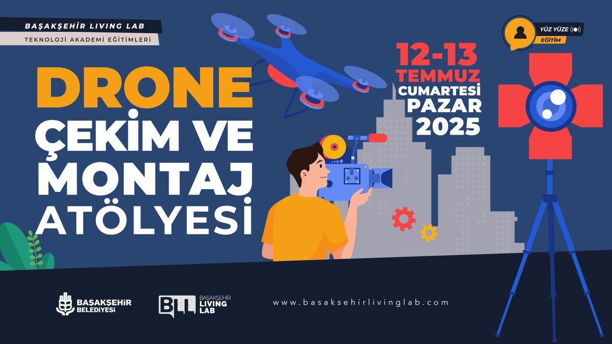 🚀 Gökyüzünden Hikâyeni Anlat!
🎬 Drone Çekim &amp; Montaj Atölyesi

📅 12-13 Temmuz 2025
🕙 10.00 - 16.00

📍 Başakşehir İnovasyon Merkezi