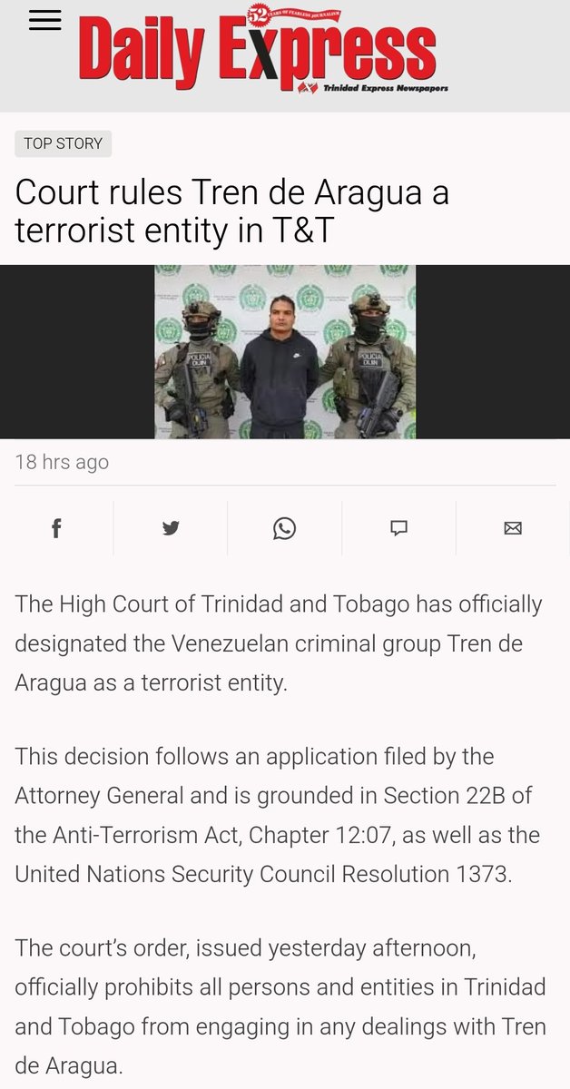 👁️👇🏼
Una orden del Tribunal Superior de Trinidad y Tobago declara grupo terrorista al Tren de Aragua. 
📍La comunicación posterior de la Fiscalía de 🇹🇹 describe al TdA al como un grupo internacional con origen en Venezuela y células en otros países.