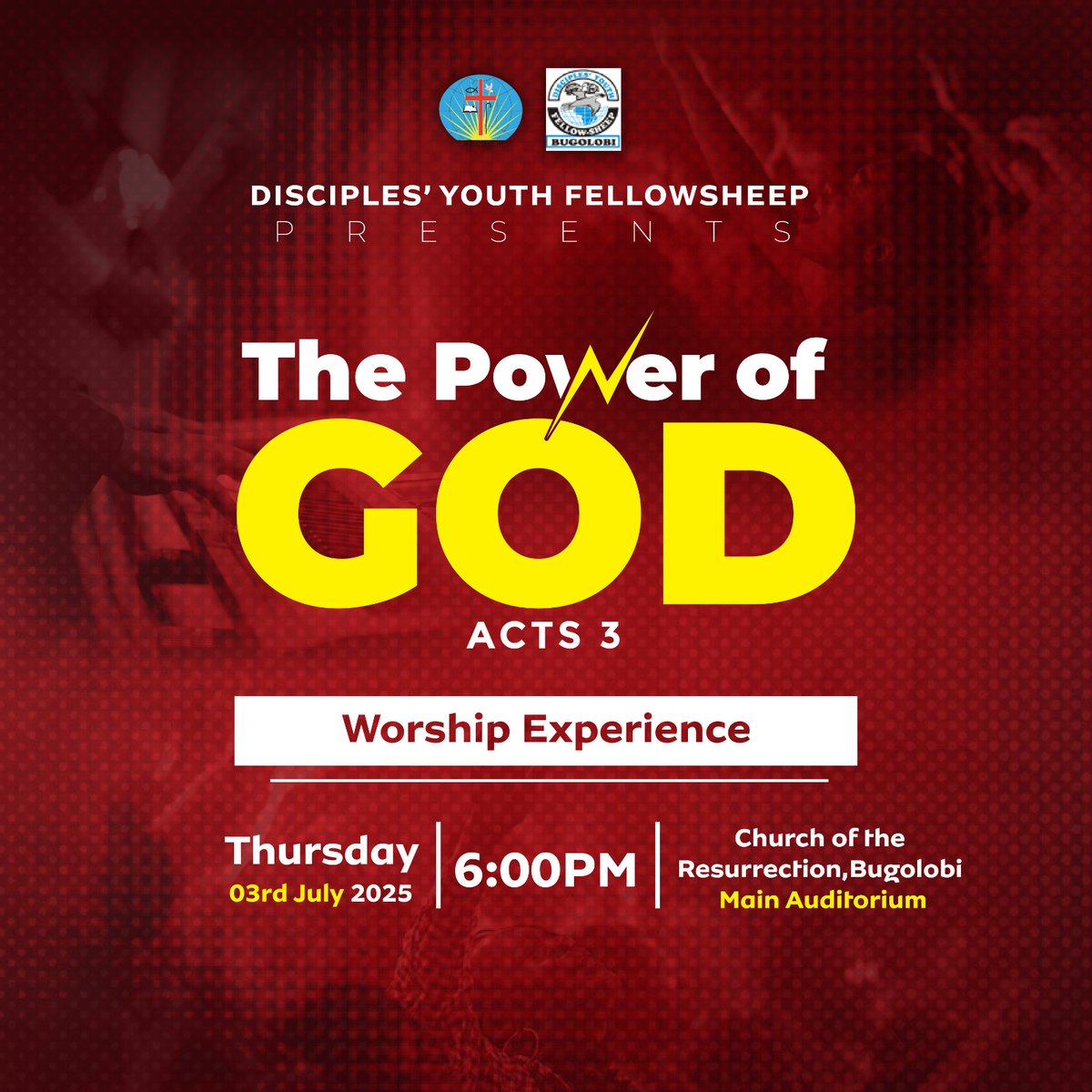P  O  W⚡ E  R     🏋🏾🚫  ➡  🧎🏾‍♂🙏🏾🤲🏾 🛐 ☦

⚡ The Power of God is Real!
Join us today for a life-changing Worship Experience inspired by Acts 3 🔥
Let’s encounter His power together!

🕕 6:00PM | 📍 Bugolobi, Main Auditorium
#LightUpTheCity #BAYC25