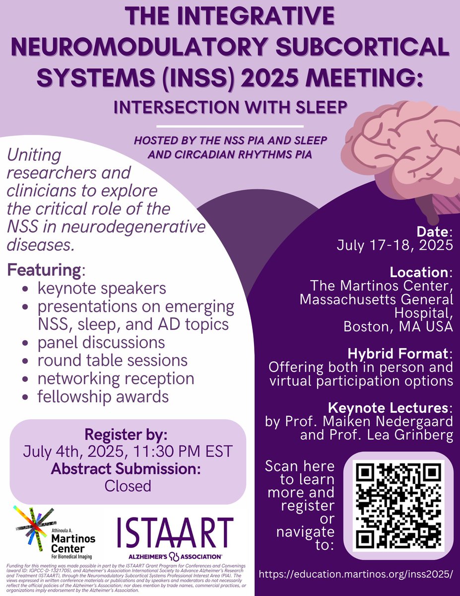 Nina Engels (Domínguez) (@ninaengels) on Twitter photo 🚨 Final call! INSS 2025 registration closes tomorrow! Secure your spot 👉 education.martinos.org/inss2025/
🧠💤 Brought to life by a dream team of NSS & sleep researchers: <a href="/NSS_PIA/">Neuromodulatory Subcortical Systems PIA</a> <a href="/SleepPIA/">Sleep and Circadian Rhythms</a> <a href="/HeidiJacobsLab/">Heidi Jacobs Lab</a>
🎙️Keynotes: <a href="/NedergaardLab/">NedergaardLab</a> <a href="/grinberg_t/">Lea T. Grinberg, M.D, Ph.D</a>
🤝With: <a href="/ISTAART/">ISTAART</a> <a href="/MGHMartinos/">MGH Martinos Center</a> 🚨 Final call! INSS 2025 registration closes tomorrow! Secure your spot 👉 education.martinos.org/inss2025/
🧠💤 Brought to life by a dream team of NSS & sleep researchers: <a href="/NSS_PIA/">Neuromodulatory Subcortical Systems PIA</a> <a href="/SleepPIA/">Sleep and Circadian Rhythms</a> <a href="/HeidiJacobsLab/">Heidi Jacobs Lab</a>
🎙️Keynotes: <a href="/NedergaardLab/">NedergaardLab</a> <a href="/grinberg_t/">Lea T. Grinberg, M.D, Ph.D</a>
🤝With: <a href="/ISTAART/">ISTAART</a> <a href="/MGHMartinos/">MGH Martinos Center</a>