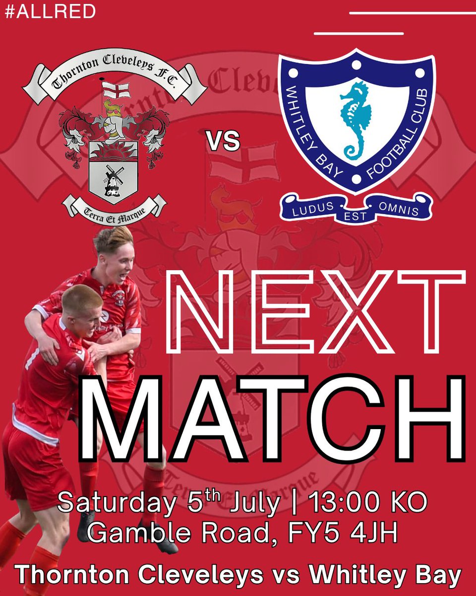 Thornton Cleveleys FC (@thorntonfc) on Twitter photo We are back 👊🏻🔴
The first of our pre season friendlies kicks off this weekend as we take on <a href="/WhitleyBayFC/">Whitley Bay FC</a>
Gaffer <a href="/gregs2008/">paul gregs</a> will be looking forward to seeing how his new squad is taking shape 👊🏻
⏰ 13:00 KO
📆 Sat 5th July
📍 Gamble Road, FY54JH
#TCFC #ALLRED 🔴 We are back 👊🏻🔴
The first of our pre season friendlies kicks off this weekend as we take on <a href="/WhitleyBayFC/">Whitley Bay FC</a>
Gaffer <a href="/gregs2008/">paul gregs</a> will be looking forward to seeing how his new squad is taking shape 👊🏻
⏰ 13:00 KO
📆 Sat 5th July
📍 Gamble Road, FY54JH
#TCFC #ALLRED 🔴