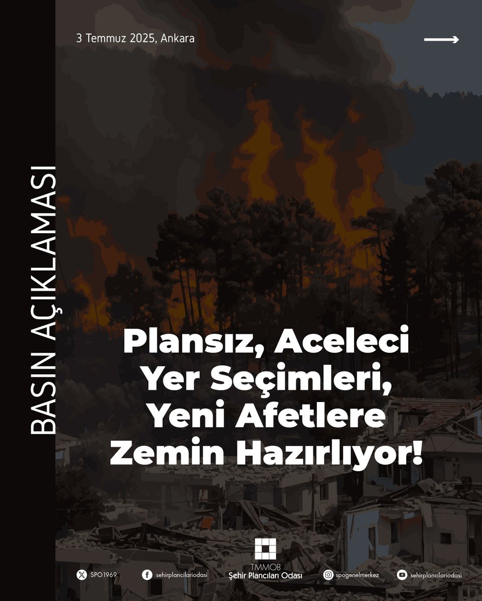 SPO1969's tweet image. Plansız, aceleci yer seçimleri, yeni afetlere zemin hazırlıyor!
Daha önce yaptığımız uyarıları yeniden hatırlatıyoruz; Kentlerimiz kamu yararını esas alan, planlı ve bilimsel yaklaşımlarla inşa edilmelidir!