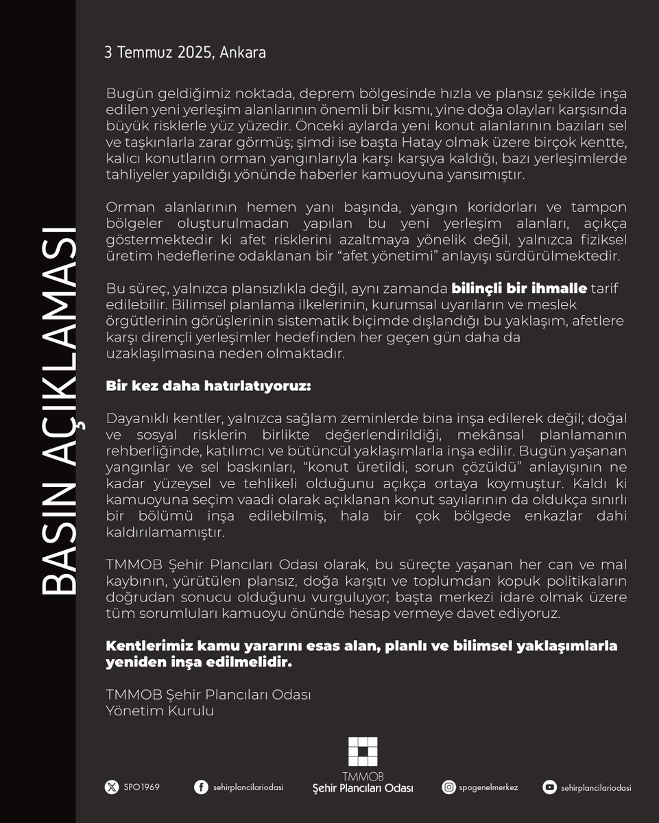 SPO1969's tweet image. Plansız, aceleci yer seçimleri, yeni afetlere zemin hazırlıyor!
Daha önce yaptığımız uyarıları yeniden hatırlatıyoruz; Kentlerimiz kamu yararını esas alan, planlı ve bilimsel yaklaşımlarla inşa edilmelidir!