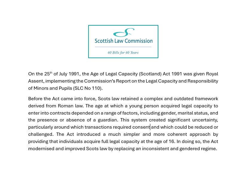 scotlawcom's tweet image. #60Billsfor60Years
Today we spotlight a bill that modernised and simplified Scotland’s age of legal capacity.
Report: scotlawcom.gov.uk/files/9412/801…