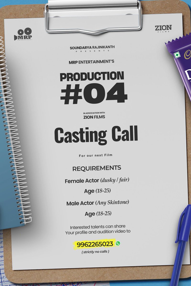 soundarya rajnikanth (@soundaryaarajni) on Twitter photo We are looking for fresh and talented faces for our next exciting venture!
If you believe you’re a perfect fit for the role, we’d love to hear from you.
Kindly share your profile and audition video to the details below:
WhatsApp (Text Only): 99622 65023
#MRPEntertainment We are looking for fresh and talented faces for our next exciting venture!
If you believe you’re a perfect fit for the role, we’d love to hear from you.
Kindly share your profile and audition video to the details below:
WhatsApp (Text Only): 99622 65023
#MRPEntertainment
