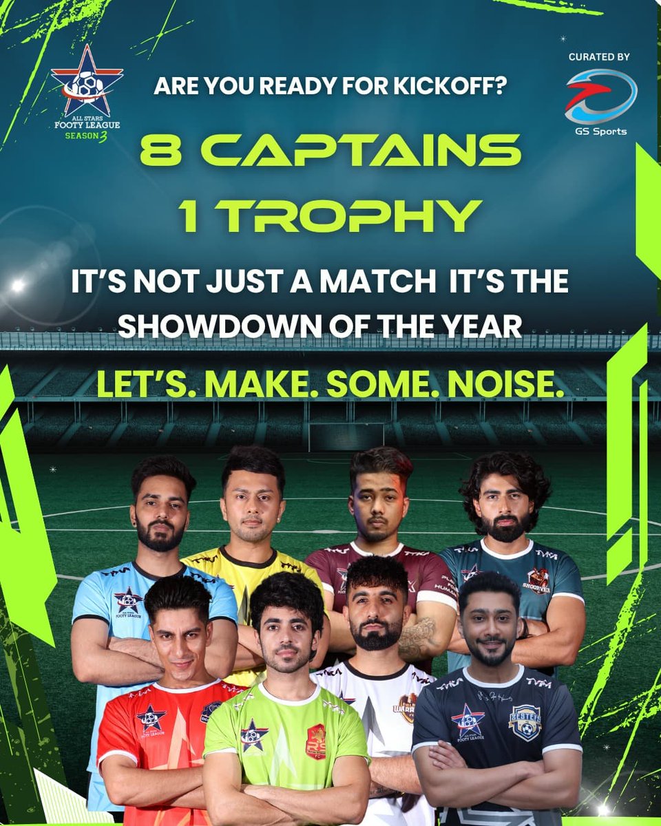 ASFootyLeague's tweet photo. 8 Captains. 1 Dream. 🏆
It’s not just a match — it’s a battle for glory! Who will rise and claim the crown?
Let the showdown begin!🔥

#AllStarFootyLeague #Season3 #FinalShowdown #FootballFever #8Captains1Trophy #GameOn  #AshishBhatia #NewHeroesRising #Gssports https://t.co/6U0z7TgDji