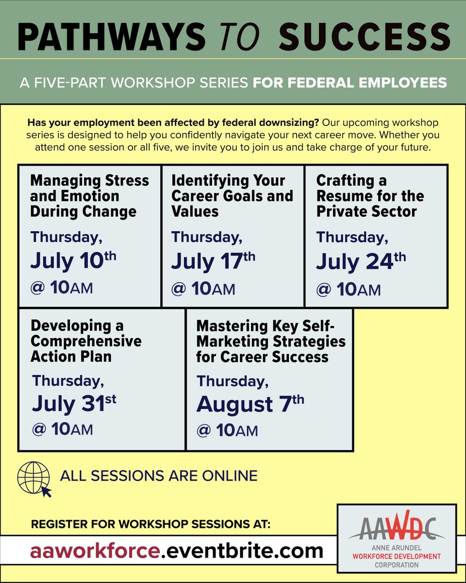 Our next Federal Employee Workshop Series will be held virtually on Thursdays from July 10th - August 7th! Join us and learn valuable strategies for navigating your next career move. Register at aaworkforce.eventbrite.com.

#AAWDC #WorkforceDevelopment #FederalWorkers #CareerSuccess