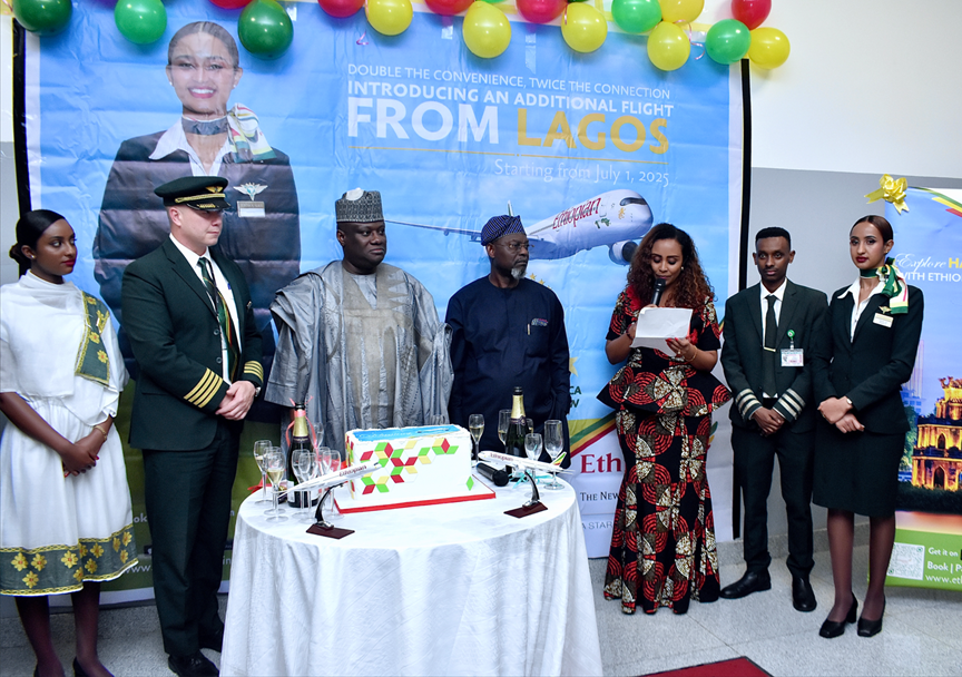 Ethiopian Airlines upgrades its Lagos, Nigeria service to double daily frequency. Celebrating the new frequency, Ethiopian held a colorful ceremony in Lagos, graced by the Permanent Secretory of Ministry of Aviation Dr. Ibrahim Abubakar and representatives from Nigerian Civil
