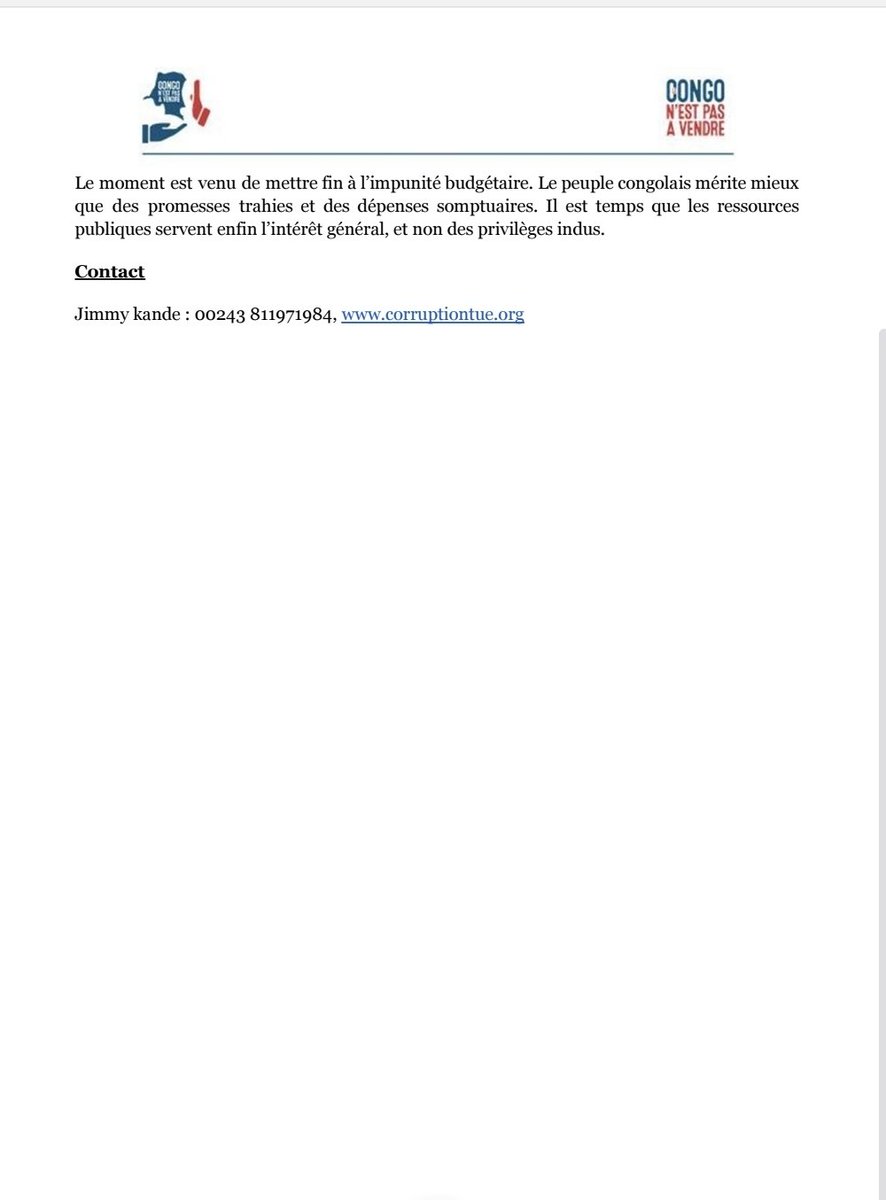 Le Congo N’est Pas à Vendre. (@corruptiontue) on Twitter photo #RDC | 343 millions USD de dépassement budgétaire en 2025.
Le train de vie des institutions explose, pendant que le peuple survit.
Le CNPAV <a href="/CorruptionTue/">Le Congo N’est Pas à Vendre.</a> dénonce un système de gaspillage structurel.
#Budget2025 #JusticeBudgétaire #Congo #RDC | 343 millions USD de dépassement budgétaire en 2025.
Le train de vie des institutions explose, pendant que le peuple survit.
Le CNPAV <a href="/CorruptionTue/">Le Congo N’est Pas à Vendre.</a> dénonce un système de gaspillage structurel.
#Budget2025 #JusticeBudgétaire #Congo