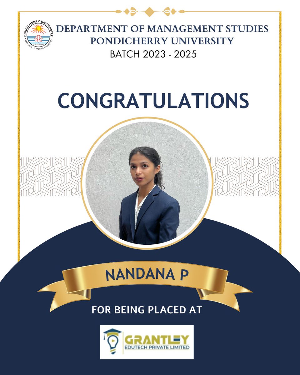 DMS_since_1986's tweet photo. We’re proud to celebrate our students who’ve been placed at Grantley! @PondiUniVC 
#Placements #PondicherryUniversity #Grantley https://t.co/ak5k04jgYF
