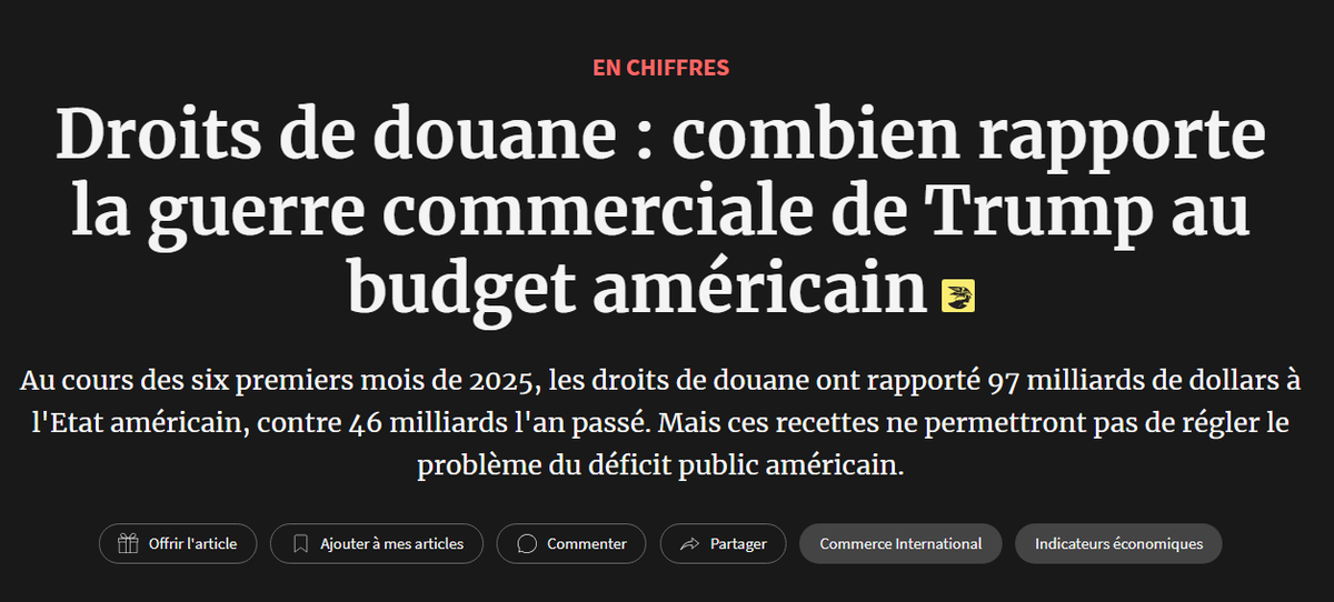 Droits de douane : les Etats-Unis récoltent près de 100 milliards grâce au protectionnisme de #Trump en seulement 6 mois ! C'est 2 fois plus que l'an passé. Pendant que les Américains protègent leur économie, la France subit la concurrence déloyale, les délocalisations,