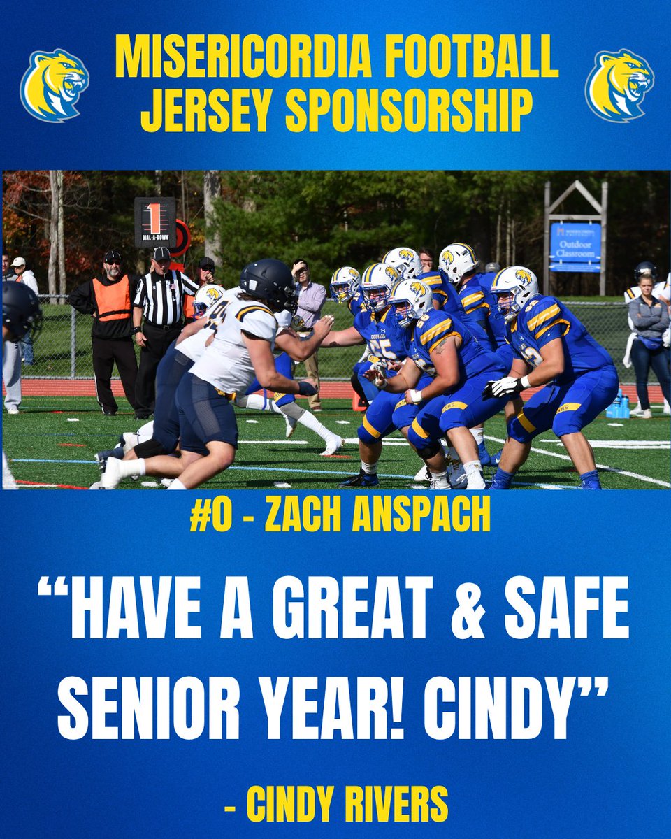 Misericordia University Football (@mucougarsfb) on Twitter photo Thank you to Cindy Rivers for your sponsorship of #0 SR DL Zach Anspach (<a href="/AnspachZach/">Zach Anspach</a>)
If you are interested in sponsoring a Jersey click HERE⬇️ misericordia.edu/football-jerse… Thank you to Cindy Rivers for your sponsorship of #0 SR DL Zach Anspach (<a href="/AnspachZach/">Zach Anspach</a>)
If you are interested in sponsoring a Jersey click HERE⬇️ misericordia.edu/football-jerse…