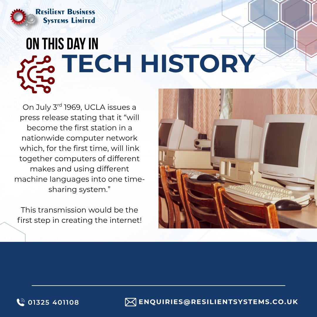 Resilient Business Systems Ltd (@resilientsystem) on Twitter photo On July 3, 1969, UCLA announced it would become the first station in a nationwide computer network, marking the initial steps toward the creation of the internet.
#technews #itcompany #support #teesside #businessgrowth #cybersecurity #resilientsystems #onthisday #techhistory On July 3, 1969, UCLA announced it would become the first station in a nationwide computer network, marking the initial steps toward the creation of the internet.
#technews #itcompany #support #teesside #businessgrowth #cybersecurity #resilientsystems #onthisday #techhistory