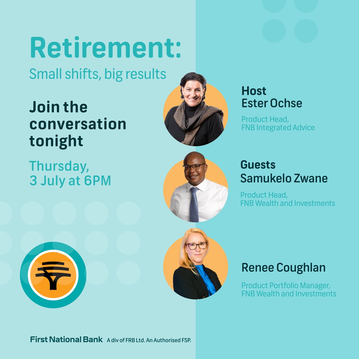 📢 Reminder: Join us for tonight’s #FNBSpaces at 6PM! ⏰
We’re unpacking everything you need to know about retirement planning with expert insights and answers to your burning questions. #FNBRetirementInsightsSurvey2025 
Tune in here: x.com/FNBSA/status/1…